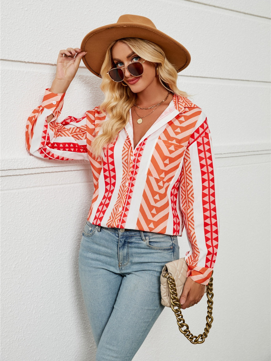 Geometric Collared Neck Long Sleeve Shirt