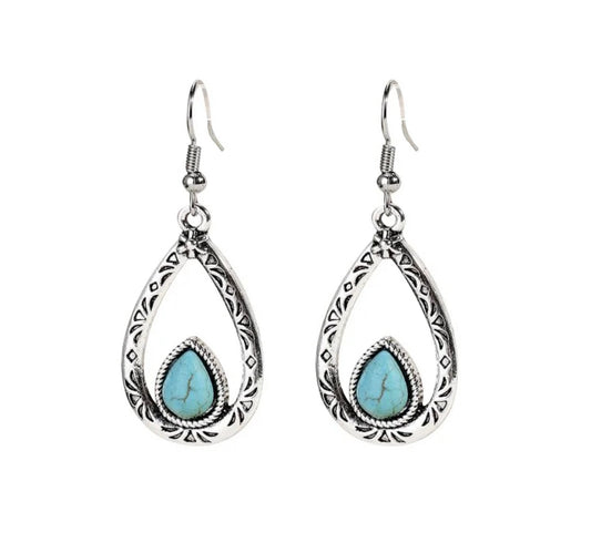 Sterling Silver Pear shaped Turquoise Drop and Dangle Hoop Earrings