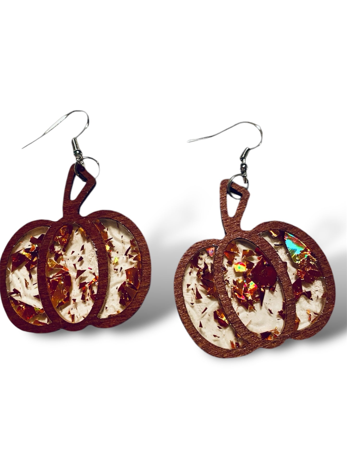 Women's Glitter Sparkly Halloween Pumpkin Wooden Drop Thanksgiving Fall Dangle Earrings