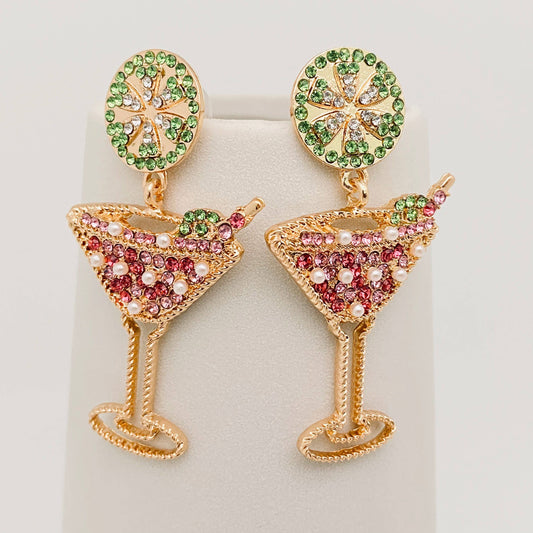 High Wine Glass Lemon Slices Colorful Rhinestone Earrings