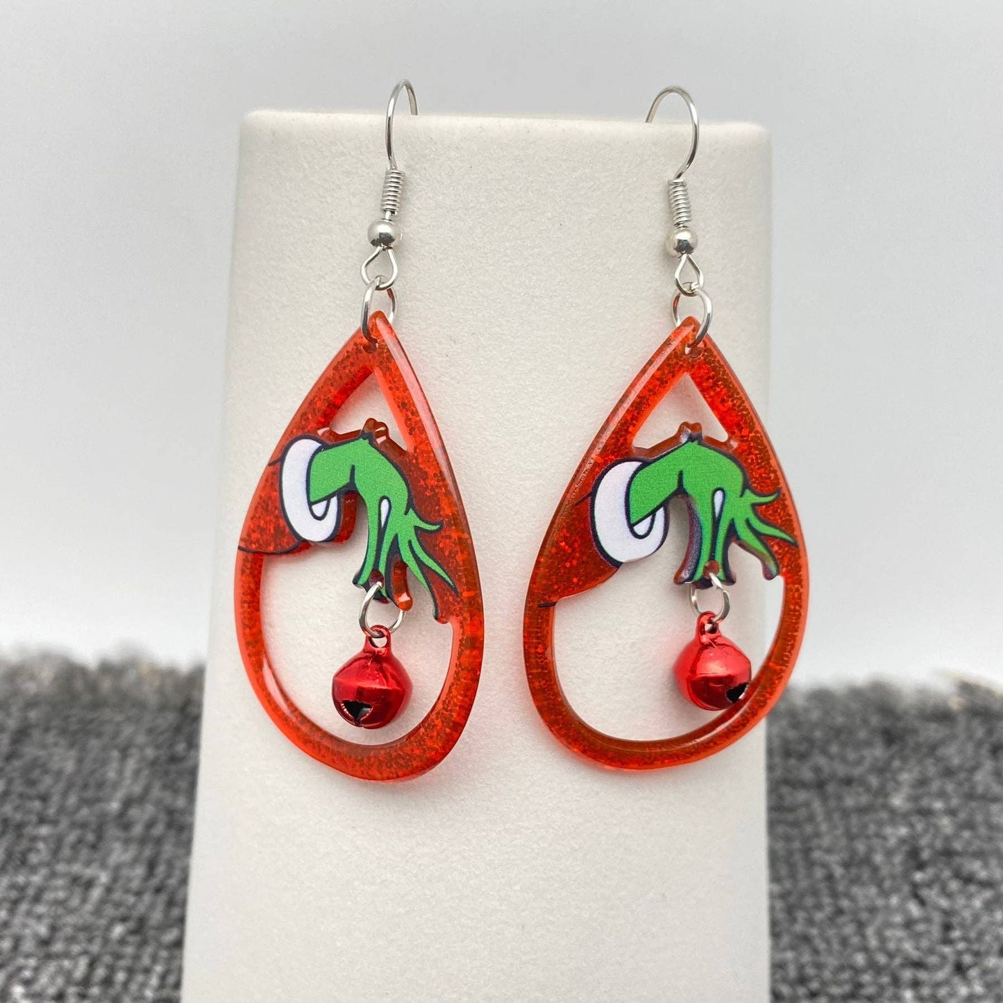 Christmas Acrylic Grinch Holding Bell Red Drop Dangle Earrings