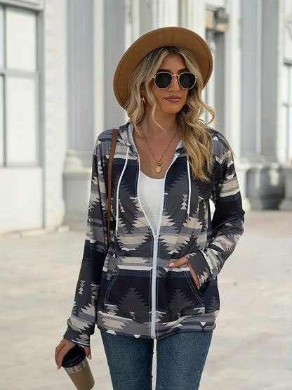 Geometric Zip Up Long Sleeve Hooded Jacket