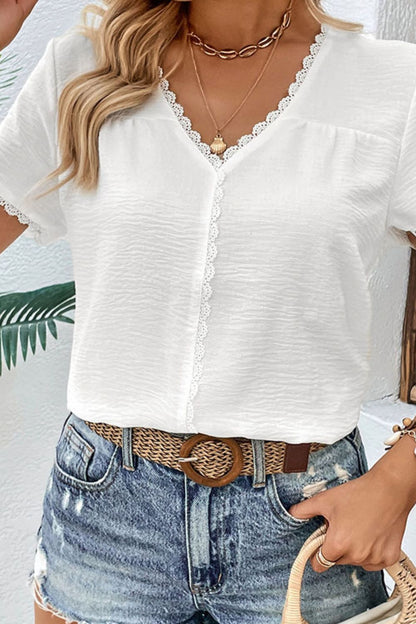 Perfee Textured Lace Trim Tee Shirt