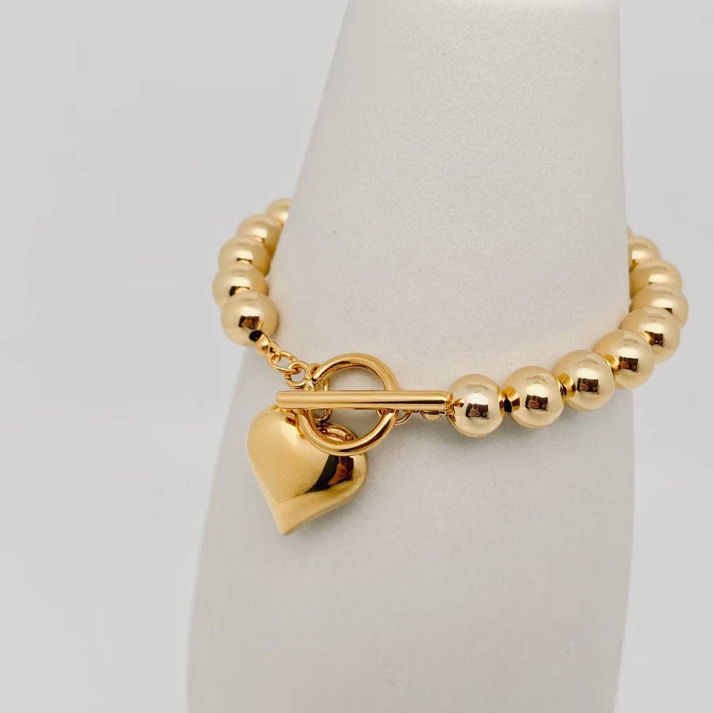 Heart Charm 18K Gold Plated 8MM Beads Chain Bracelet - FGS