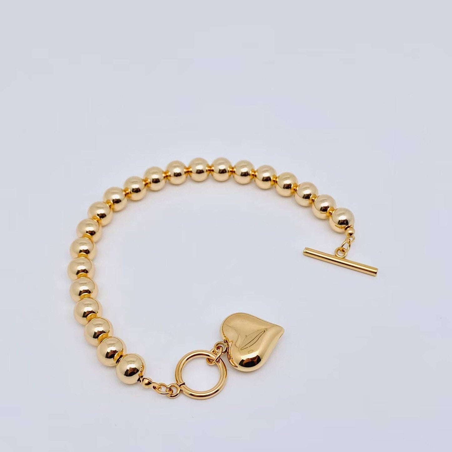 Heart Charm 18K Gold Plated 8MM Beads Chain Bracelet - FGS