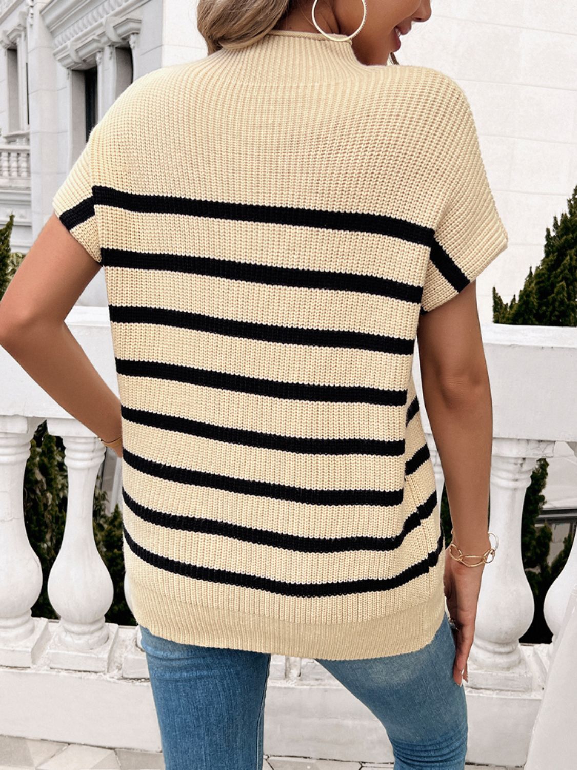 Devine Striped Mock Neck Short Sleeve Sweater