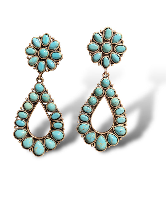 Vintage Turquoise Cluster Flower Hoop Dangle Earrings with stud backs