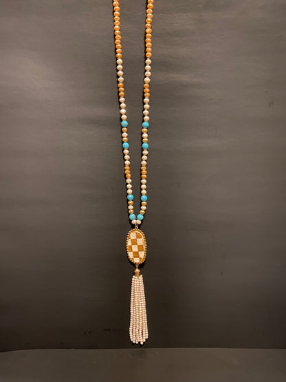 Checkered Print Beaded Tassel Necklace Brown