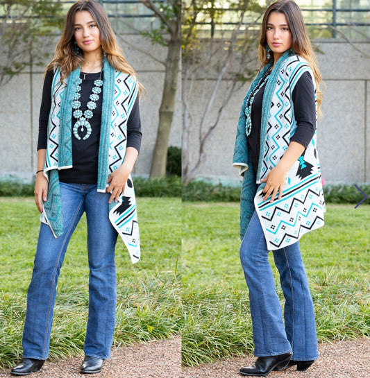 Geometric Print Vest - Turquoise Brown