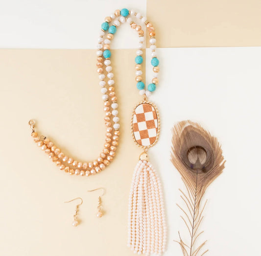 Checkered Print Beaded Tassel Necklace Brown