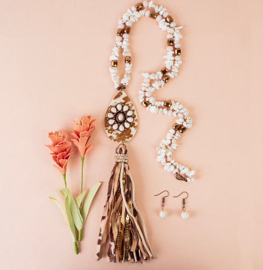 Squash Blossom Animal Hide Tassel Necklace- Ivory