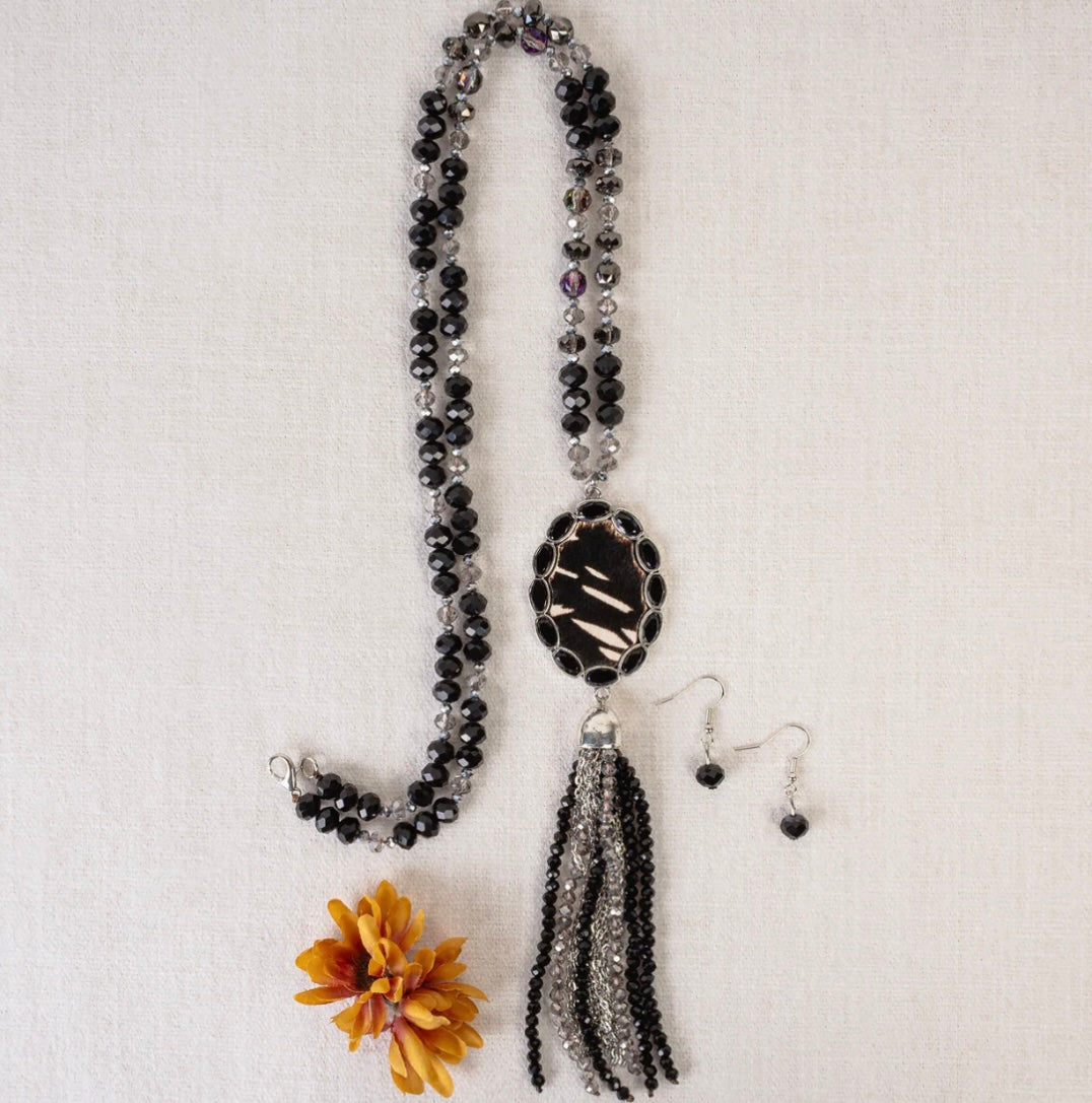 Black Animal Print Beaded Tassel Necklace