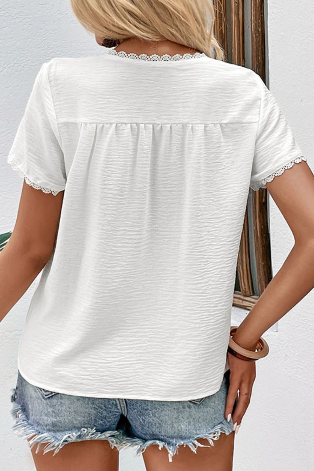 Perfee Textured Lace Trim Tee Shirt