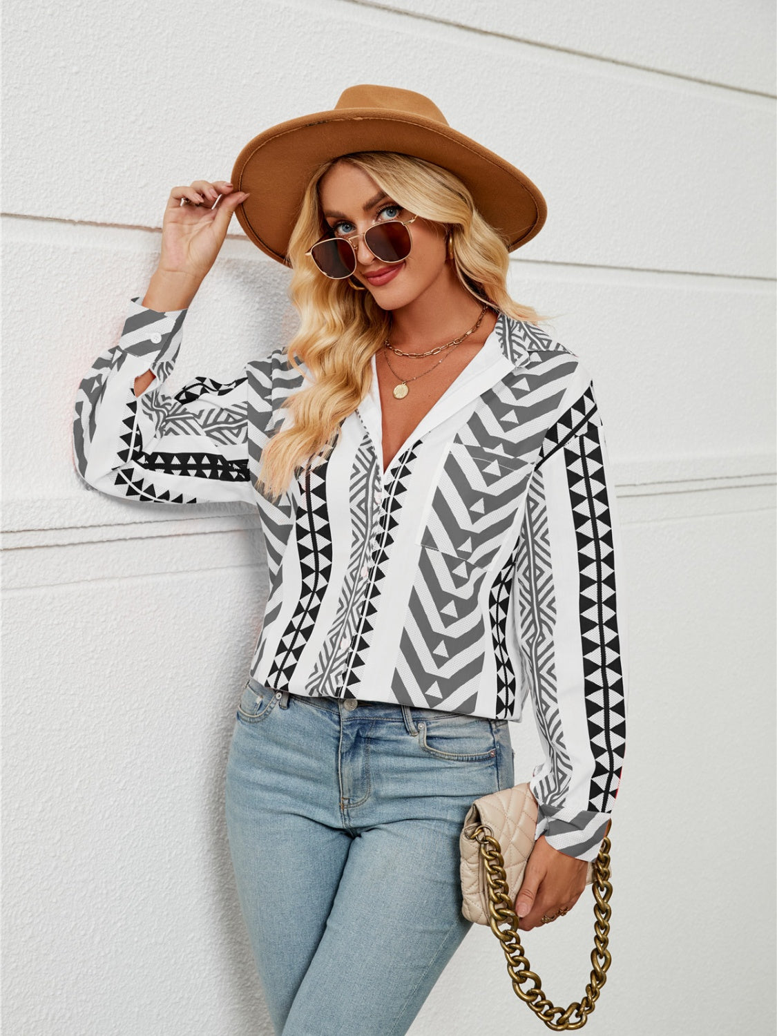 Geometric Collared Neck Long Sleeve Shirt