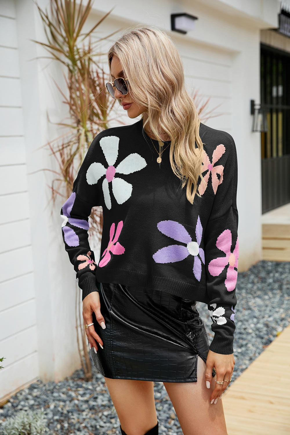 Flower Round Neck Drop Shoulder Sweater