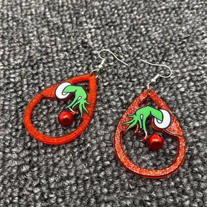 Christmas Acrylic Grinch Holding Bell Red Drop Dangle Earrings