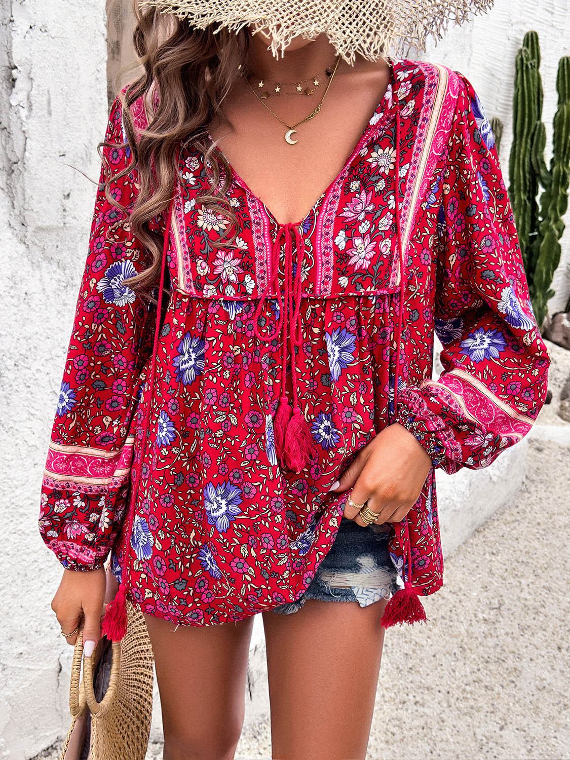 Devine Printed Tie Neck Long Sleeve Blouse